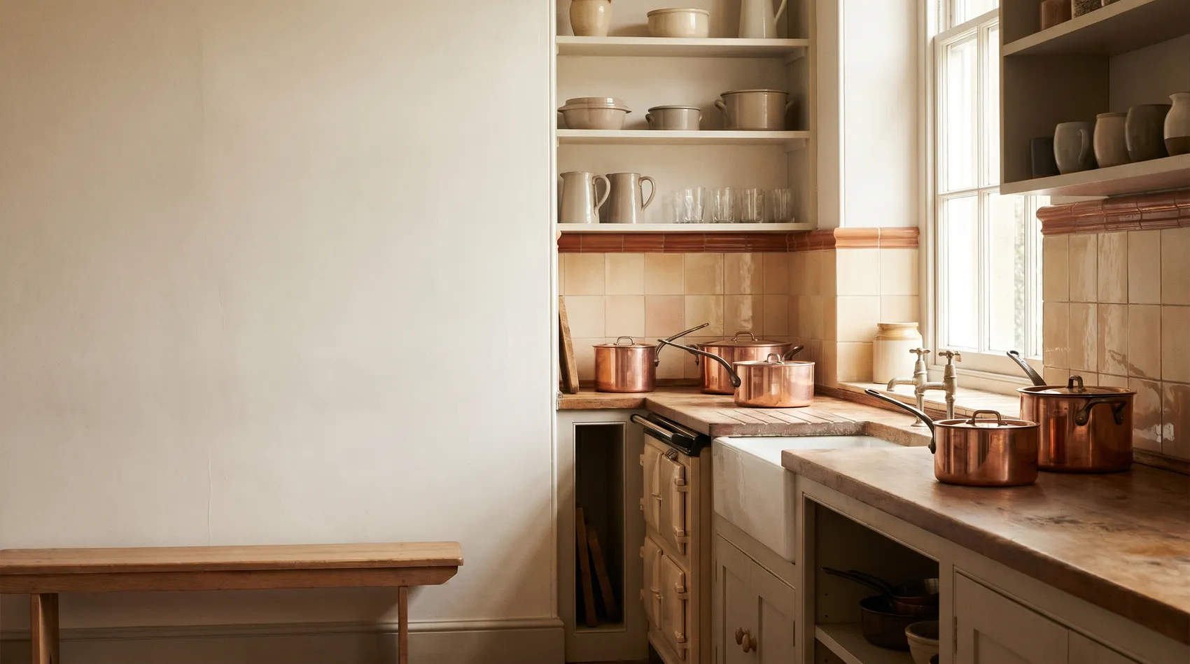 A deep-cleaned period kitchen with gleaming copper pans